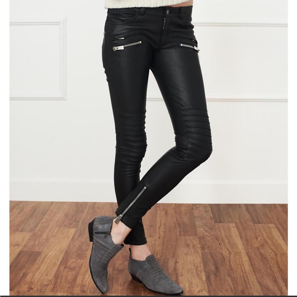 Anine Bing Black Coated Moto Skinny Lamb Leather Pants